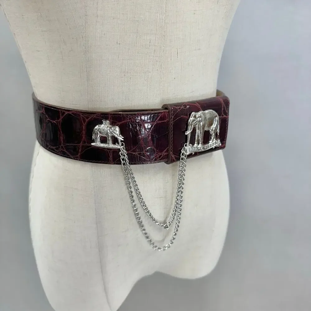 Catherine‎ Carson burgundy leather strap belt silver elephant & drop chain small